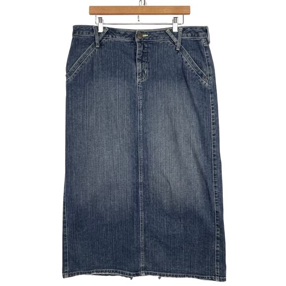 Vintage Boho Cato Long Denim Jean Maxi Skirt 14 Back Slit Distressed Hem Western - Picture 1 of 11